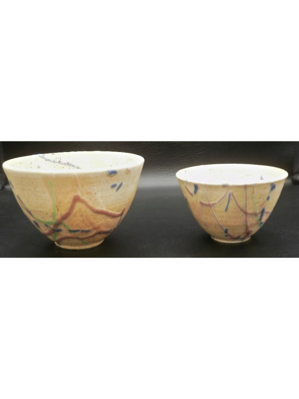 Art Pottery Bowl Set Hand Thrown 1990's Peach Splatter Artist Signed Set of 2